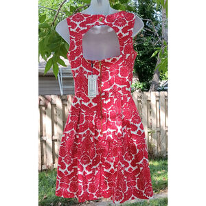 Closet London Red Damask Print Pleated Skater Mini Dress US Size 4